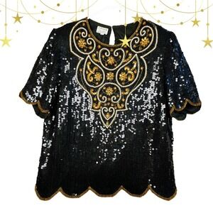 Stenay Black & Gold Beaded Sequin Top Size Large Silk New Years Feminine ✨️ VTG